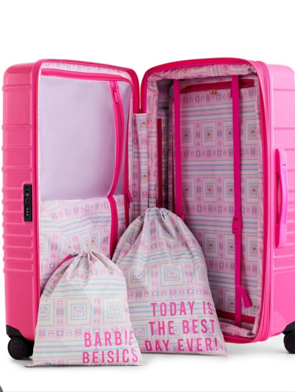 BEIS X BARBIE Bright Pink Hard-Shell MEDIUM CHECK W/ Bags Luggage - Picture 2 of 12
